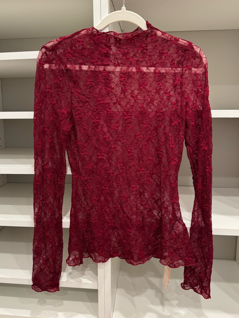 NWT BTFBM Burgundy Sheer Lace Long-Sleeve Top, Size Small